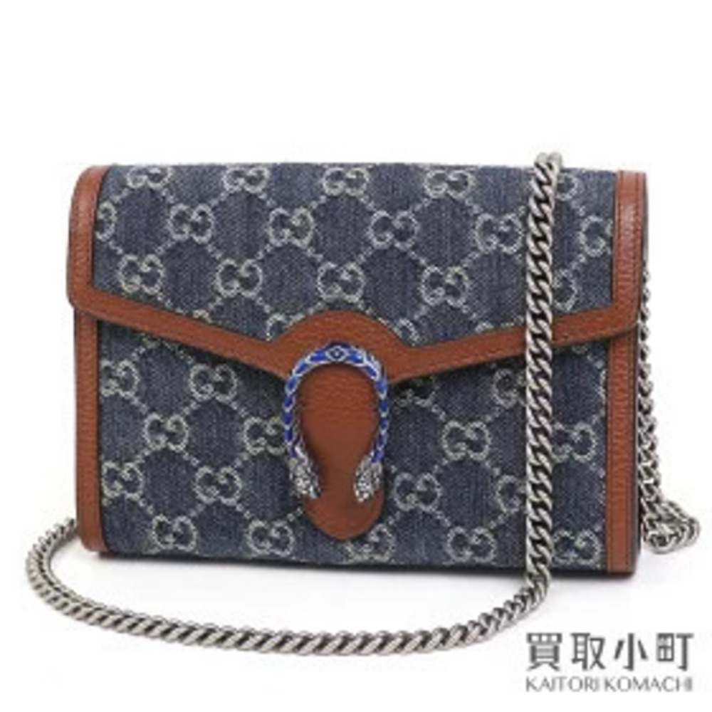 Gucci Dionysus GG Denim Jacquard Chain Bag Brown Leather Tiger Head Crystal